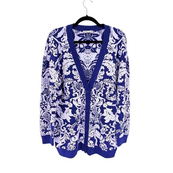 Alice + Olivia Bradford Paisley Grandpa Cardigan Blue White Size Large Sweater - Picture 4 of 14
